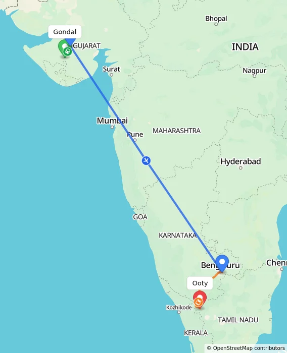 Route map showing distance and travel time from Gondal, India to Ooty, India