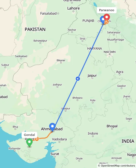 Route map showing distance and travel time from Gondal, India to Parwanoo, India