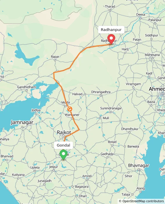 Route map showing distance and travel time from Gondal, India to Radhanpur, India
