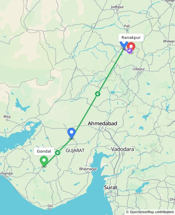 Route map showing distance and travel time from Gondal, India to Ranakpur, India