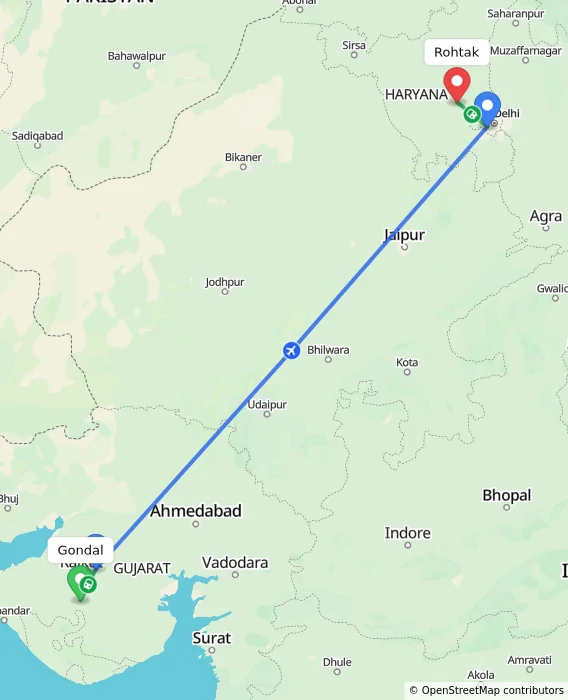 Route map showing distance and travel time from Gondal, India to Rohtak, India
