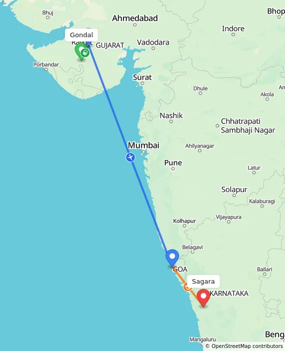Route map showing distance and travel time from Gondal, India to Sagara, India
