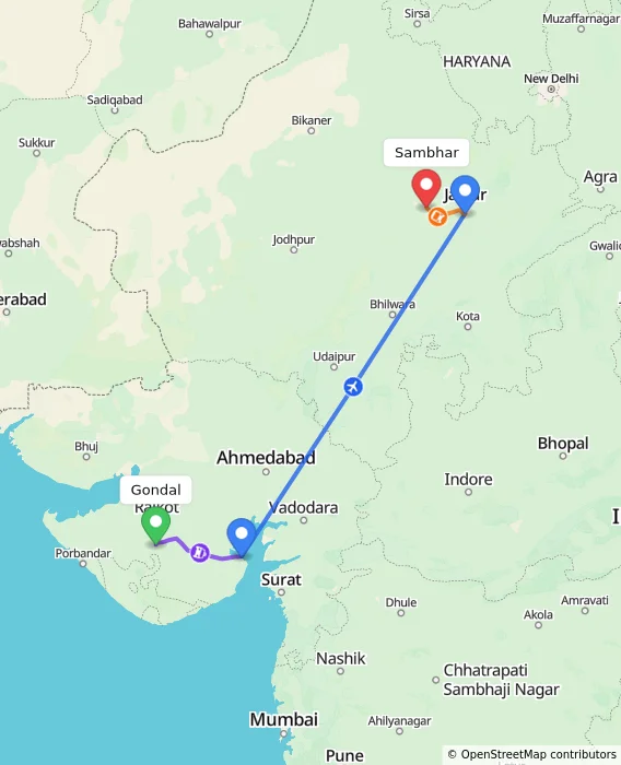 Route map showing distance and travel time from Gondal, India to Sambhar, India