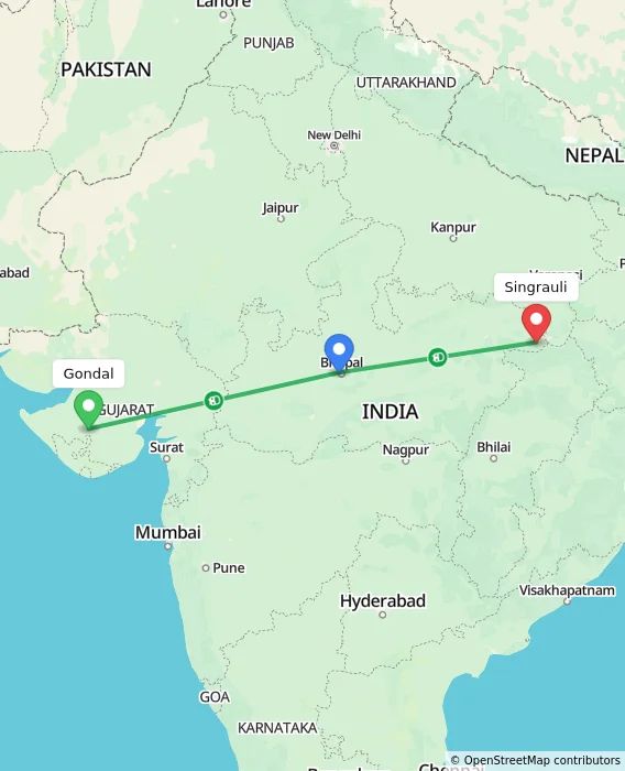 Route map showing distance and travel time from Gondal, India to Singrauli, India