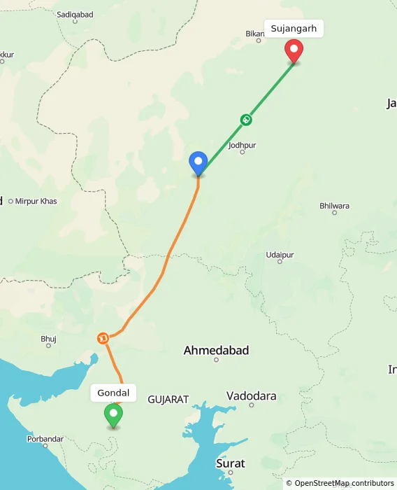 Route map showing distance and travel time from Gondal, India to Sujangarh, India