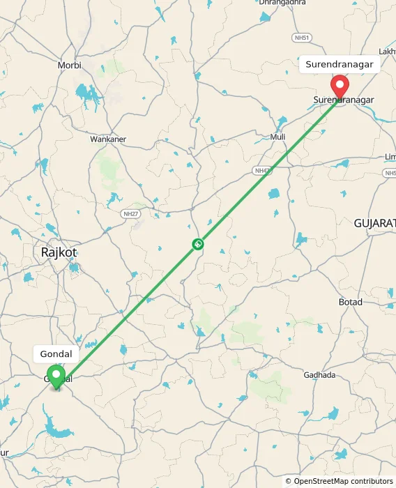 Route map showing distance and travel time from Gondal, India to Surendranagar, India