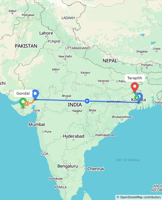 Route map showing distance and travel time from Gondal, India to Tarapith, India