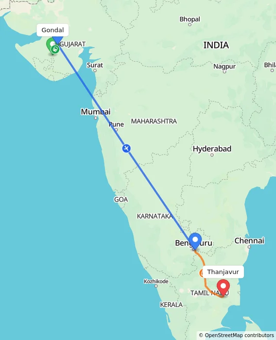 Route map showing distance and travel time from Gondal, India to Thanjavur, India