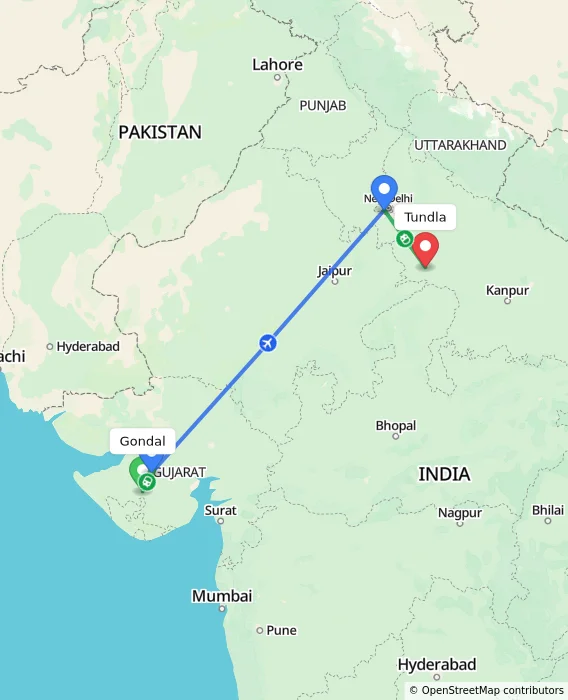 Route map showing distance and travel time from Gondal, India to Tundla, India