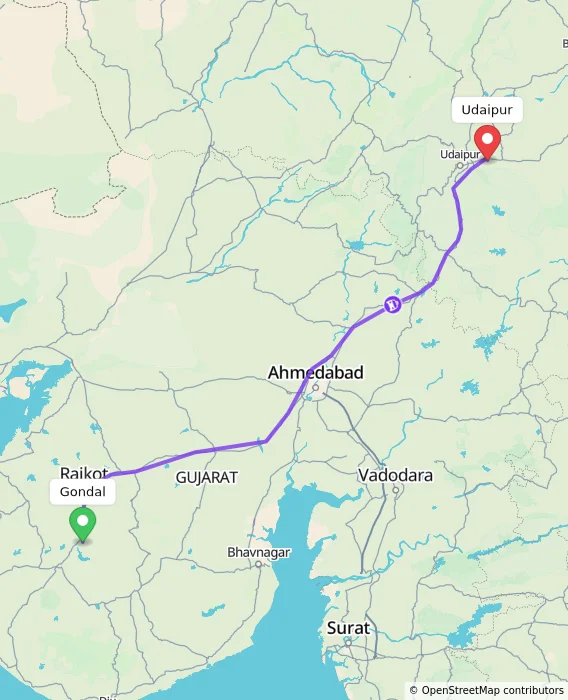 Route map showing distance and travel time from Gondal, India to Udaipur, India