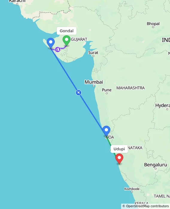 Route map showing distance and travel time from Gondal, India to Udupi, India