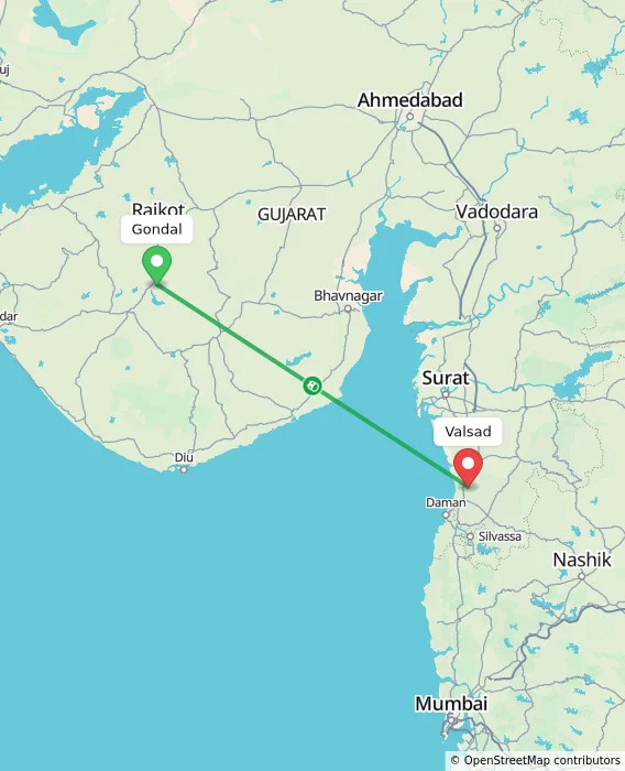 Route map showing distance and travel time from Gondal, India to Valsad, India