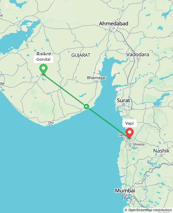 Route map showing distance and travel time from Gondal, India to Vapi, India