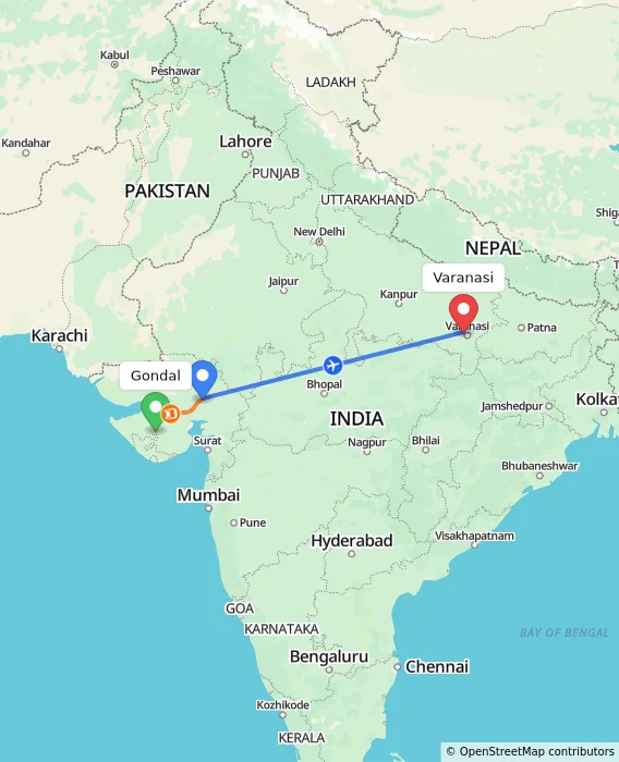 Route map showing distance and travel time from Gondal, India to Varanasi, India