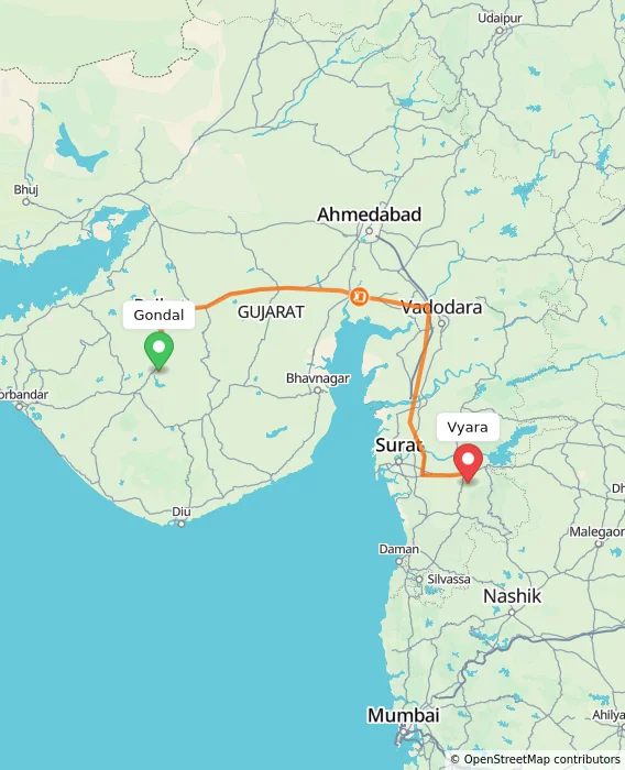 Route map showing distance and travel time from Gondal, India to Vyara, India