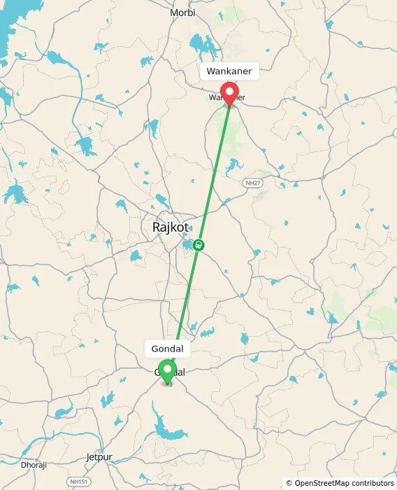 Route map showing distance and travel time from Gondal, India to Wankaner, India