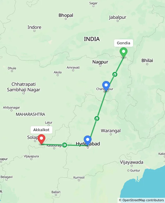 Route map showing distance and travel time from Gondia, India to Akkalkot, India