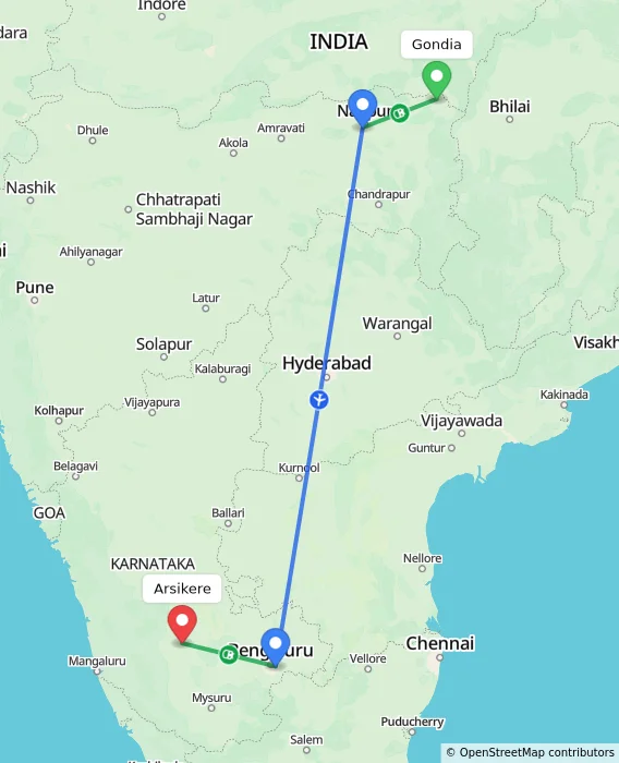 Route map showing distance and travel time from Gondia, India to Arsikere, India