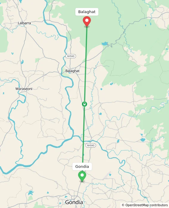 Route map showing distance and travel time from Gondia, India to Balaghat, India