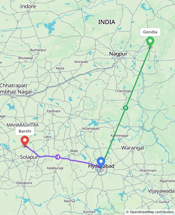 Route map showing distance and travel time from Gondia, India to Barshi, India