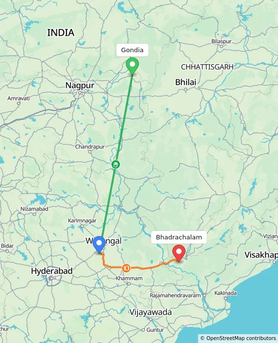 Route map showing distance and travel time from Gondia, India to Bhadrachalam, India