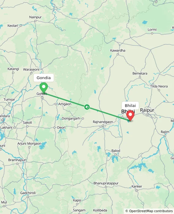 Route map showing distance and travel time from Gondia, India to Bhilai, India