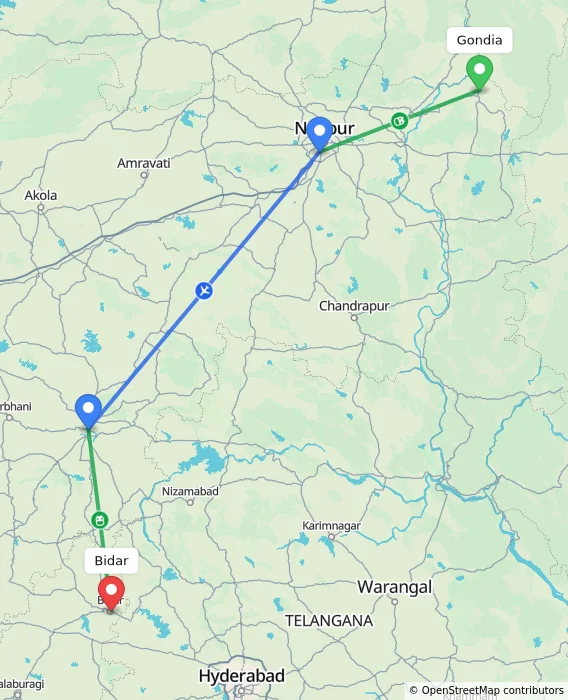 Route map showing distance and travel time from Gondia, India to Bidar, India