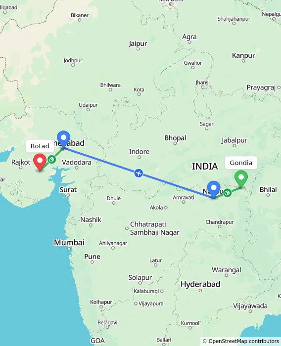 Route map showing distance and travel time from Gondia, India to Botad, India