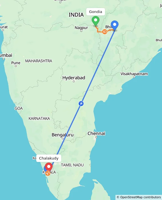 Route map showing distance and travel time from Gondia, India to Chalakudy, India
