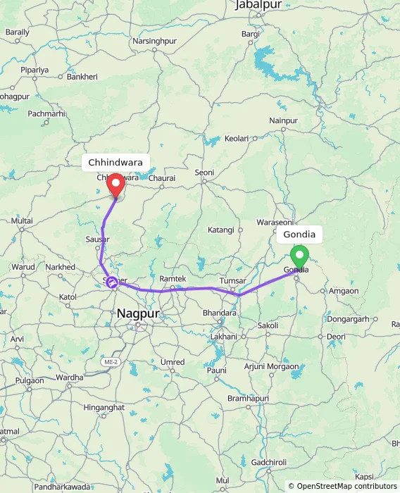 Route map showing distance and travel time from Gondia, India to Chhindwara, India