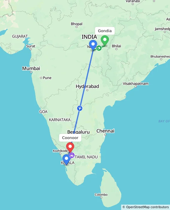 Route map showing distance and travel time from Gondia, India to Coonoor, India