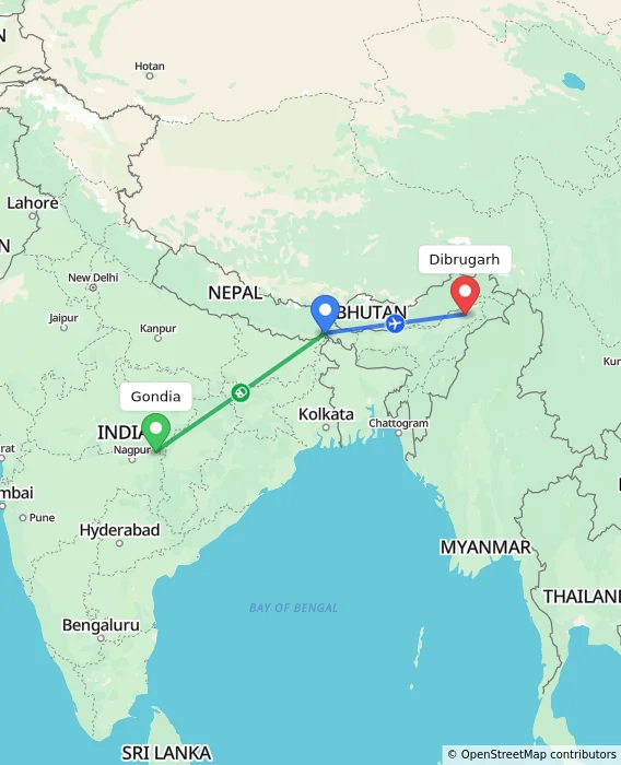 Route map showing distance and travel time from Gondia, India to Dibrugarh, India