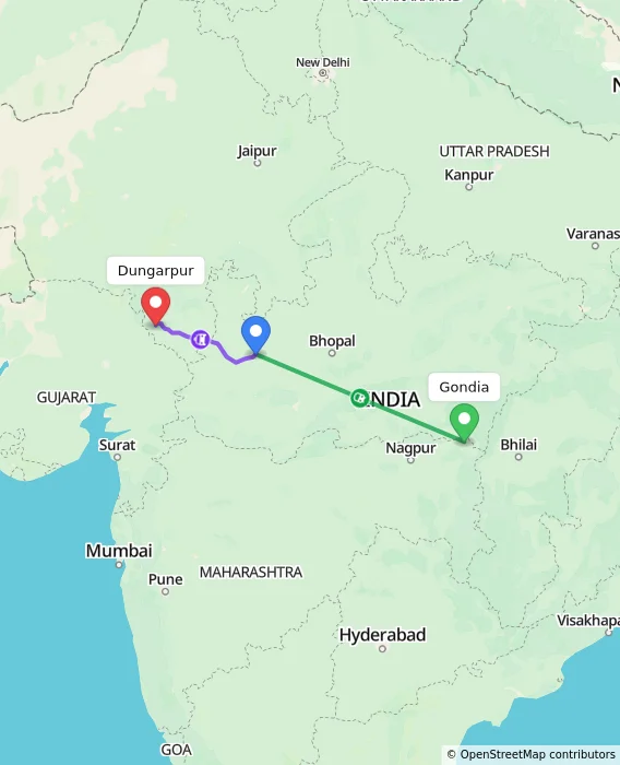 Route map showing distance and travel time from Gondia, India to Dungarpur, India