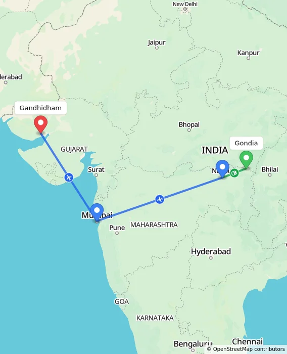 Route map showing distance and travel time from Gondia, India to Gandhidham, India