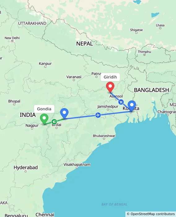 Route map showing distance and travel time from Gondia, India to Giridih, India