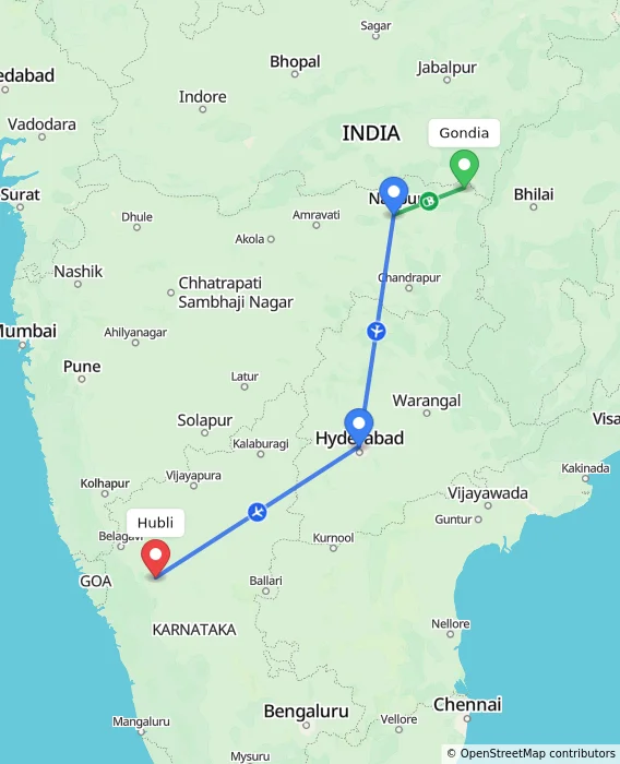 Route map showing distance and travel time from Gondia, India to Hubli, India