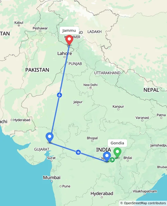 Route map showing distance and travel time from Gondia, India to Jammu, India