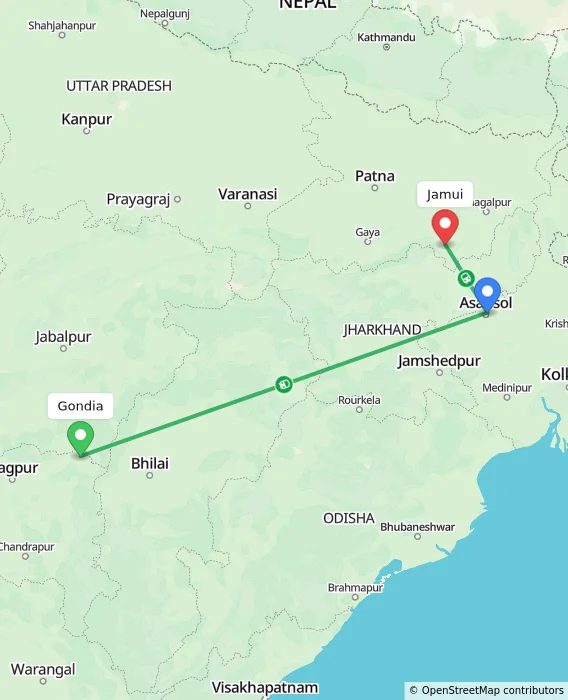 Route map showing distance and travel time from Gondia, India to Jamui, India