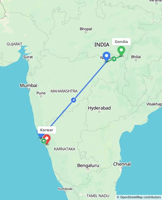 Route map showing distance and travel time from Gondia, India to Karwar, India