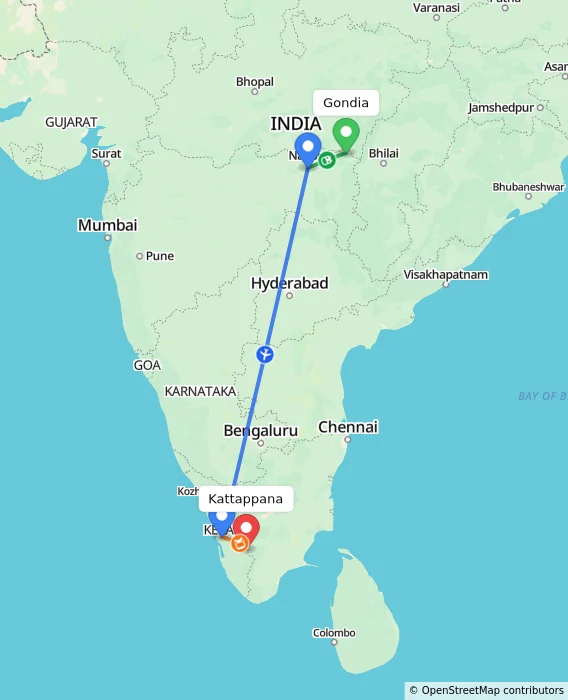 Route map showing distance and travel time from Gondia, India to Kattappana, India