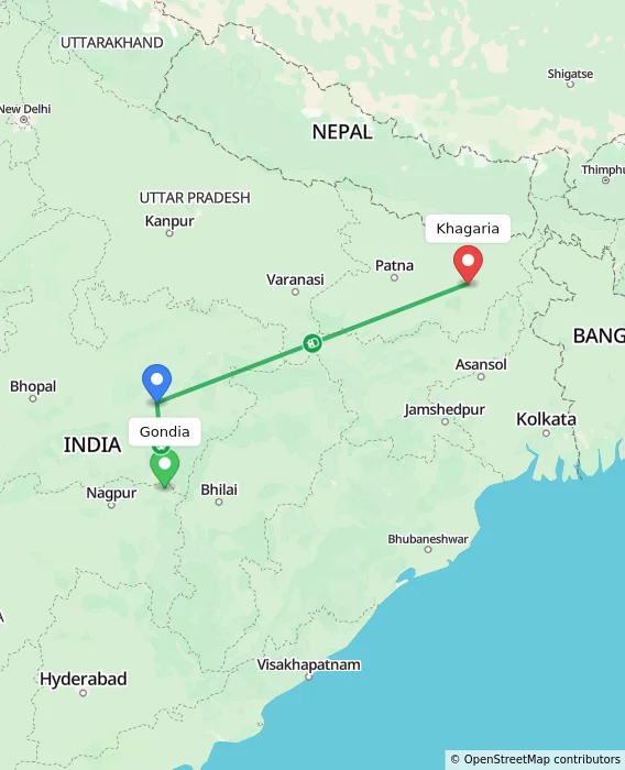 Route map showing distance and travel time from Gondia, India to Khagaria, India