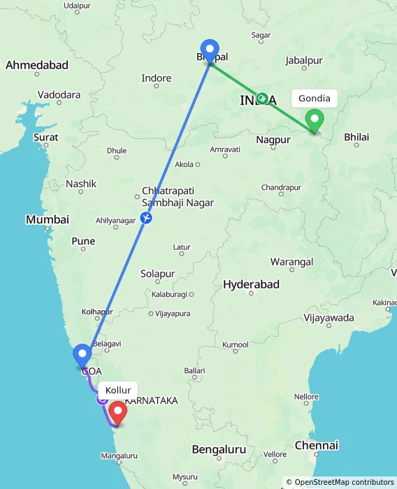 Route map showing distance and travel time from Gondia, India to Kollur, India