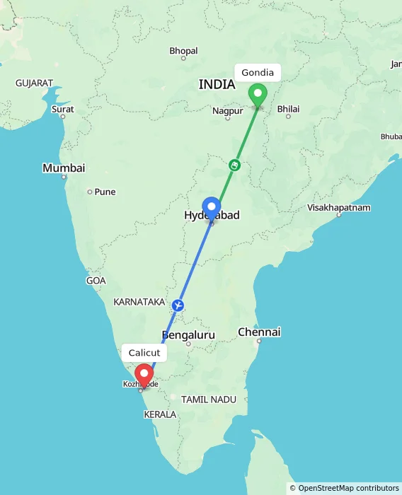 Route map showing distance and travel time from Gondia, India to Kozhikode, India