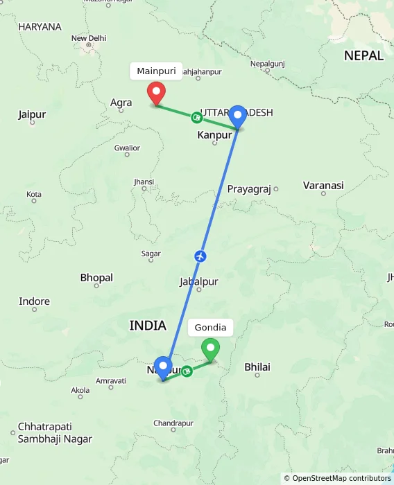 Route map showing distance and travel time from Gondia, India to Mainpuri, India