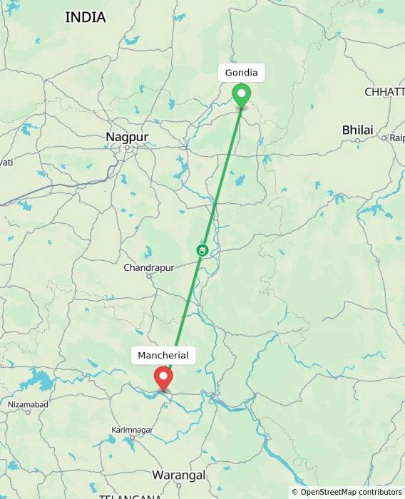 Route map showing distance and travel time from Gondia, India to Mancherial, India