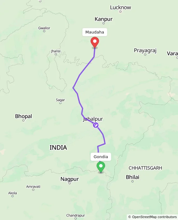Route map showing distance and travel time from Gondia, India to Maudaha, India