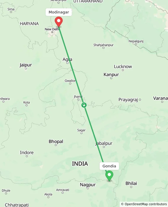 Route map showing distance and travel time from Gondia, India to Modinagar, India