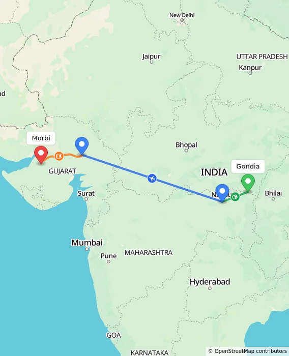 Route map showing distance and travel time from Gondia, India to Morbi, India