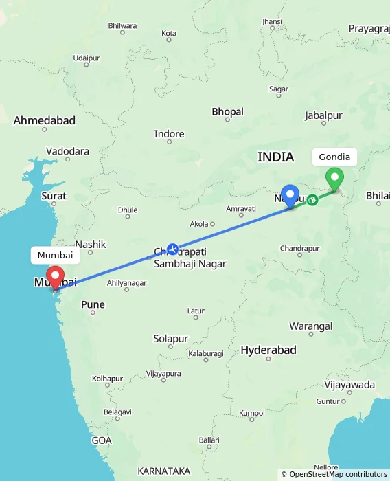 Route map showing distance and travel time from Gondia, India to Mumbai, India