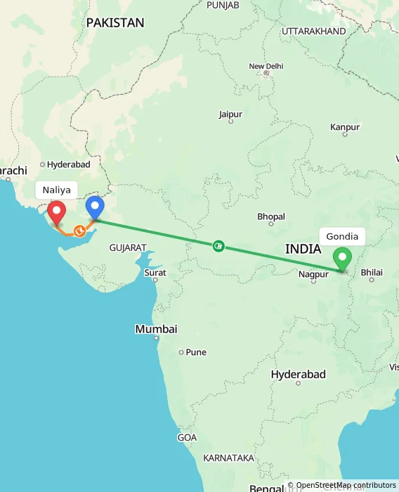 Route map showing distance and travel time from Gondia, India to Naliya, India